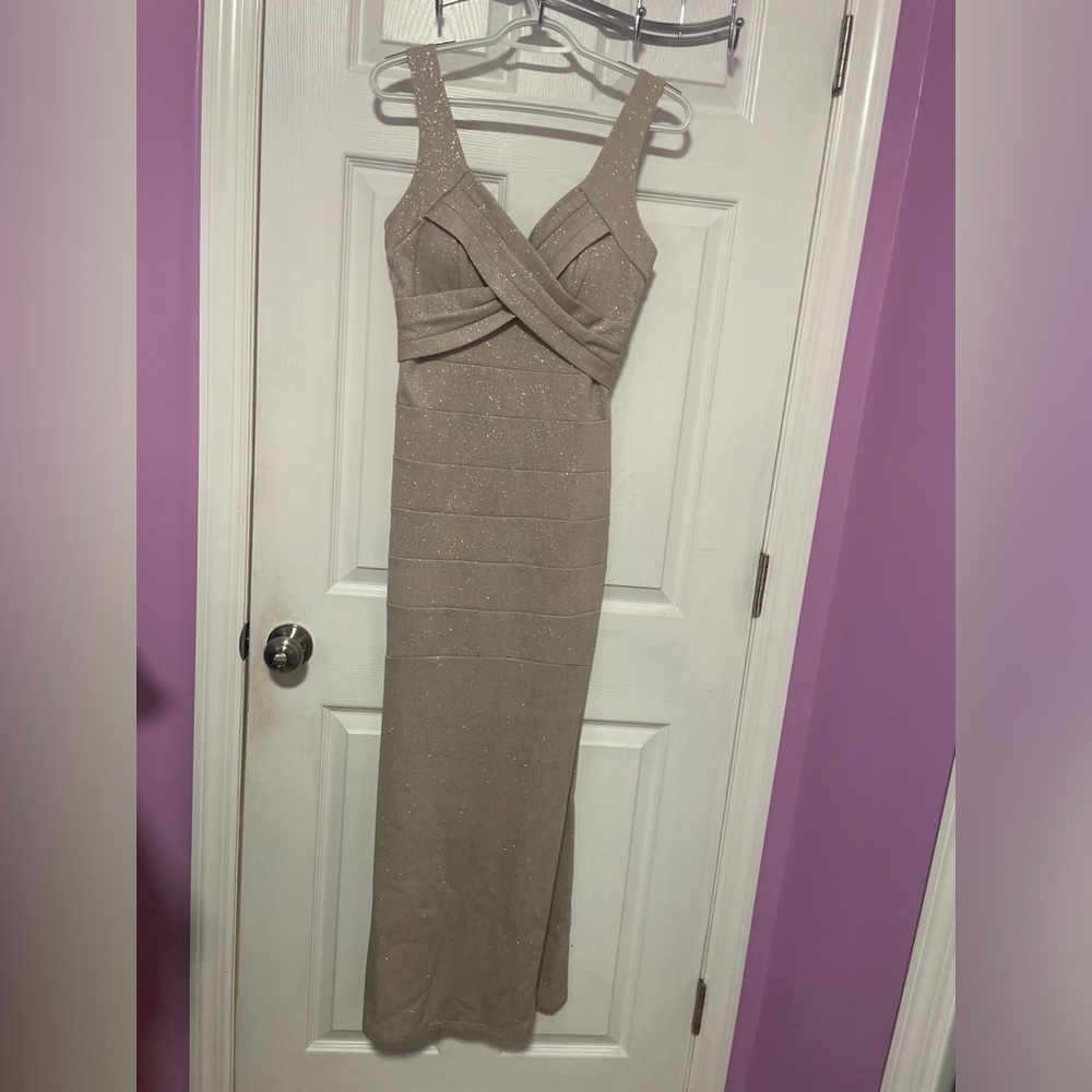 Elegant Beige Glitter Evening Dress